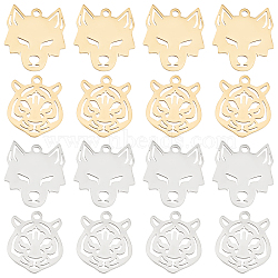 DICOSMETIC 16PPcs 4 Style 201 Stainless Steel Pendants, Laser Cut, Wolf Head &, Golden & Stainless Steel Color, 15~16x13~15x1mm, Hole: 1.4mm, 4pcs/style(STAS-DC0008-19)