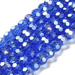 Transparent Glass Beads, 32 Facets, AB Color Plated, Round, Royal Blue, 10x8.5~9mm, Hole: 1.6mm, about 67pcs/strand, 23.62''(60cm)(EGLA-A035-T10mm-B21)