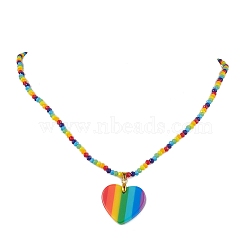 Rainbow Heart Plastic Stripe Pendant Necklaces, Glass Beaded Necklaces for Women, Colorful, 18.70 inch(47.5cm)(NJEW-JN04898)