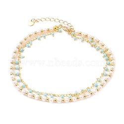 Multi-Strand Anklets, with Brass Beads & Curb Chains & Spring Ring Clasps, Glass Beads, Natural Pearl Beads and 304 Stainless Steel Heart Charms, Golden, Light Blue, 9-3/4 inch(24.8cm)(AJEW-AN00329-03)