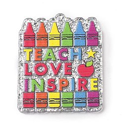 Teachers' Day Printed Opaque Acrylic Pendants, with Paillette, Coloured Pen, 42x34x2.5mm, Hole: 1.4mm(FIND-D283-10C)