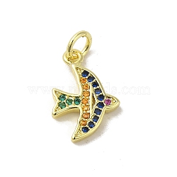 Real 18K Gold Plated Brass Pave Cubic Zirconia Pendants, with Jump Rings, Bird, Colorful, 15x10x2mm, Hole: 3mm(KK-M283-04A-02)