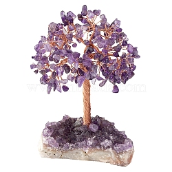 Natural Amethyst Chips Tree of Life Decorations, Rough Raw Amethyst Base with Copper Wire Feng Shui Energy Stone Gift for Women Men Meditation, 89~101x114~152mm(DJEW-PW0013-44G)