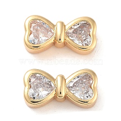 Brass with Clear Cubic Zirconia Bead, Bowknot Charm, Real 18K Gold Plated, 6.8x13.8x5mm, Hole: 2x1mm(KK-B102-38G)