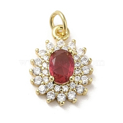 Brass Micro Pave Cubic Zirconia Pendants, with Glass, with Jump Ring, Real 18K Gold Plated, Flower, Indian Red, 17x12.5x5mm, Hole: 3.2mm(KK-E092-29G-02)