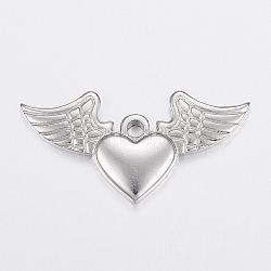 Tarnish Resistant 304 Stainless Steel Pendants, Heart and Wing, Stainless Steel Color, 20x40x3.5mm, Hole: 3mm(X-STAS-G172-26P)