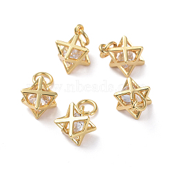 Hollow Brass Charms, with Clear Cubic Zirconia, Long-Lasting Plated, Real 18K Gold Plated, Merkaba Star, 12.1x8.5x8.5mm, Hole: 3.1mm(ZIRC-G160-55G)