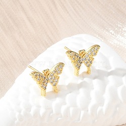 Brass Micro Pave Clear Cubic Zirconia Stud Earrings, Rack Plating, Lead Free & Cadmium Free, Butterfly, Real 18K Gold Plated, 10x12.5mm(EJEW-A128-01G)