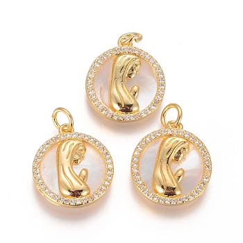 Brass Pendants, with Micro Pave Cubic Zirconia,  Shell and Jump Rings, Flat Round with Virgin Mary, Clear, Golden, 17.5x15.5x2.5mm, Hole: 3.5mm