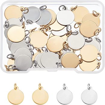 40Pcs 2 Color Ion Plating(IP) 304 Stainless Steel Charms, with Jump Rings, Blank Stamping Tag, Flat Round, Golden & Stainless Steel Color, 14.5x12x0.8mm, Hole: 3.5mm, 20pcs/color