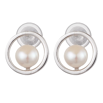 Natural Pearl Ear Studs, with Sterling Silver Findings, Round, with Sterling Silver, Platinum, 14mm