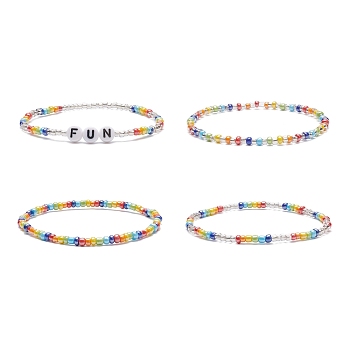 4Pcs 4 Style Word Fun Acrylic & Glass Seed Beaded Stretch Bracelets Set for Women, Mixed Color, Inner Diameter: 2-1/8 inch(5.25~5.5cm), 1Pc/style