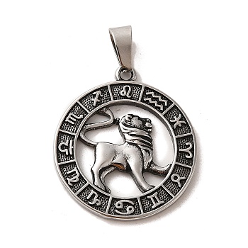 304 Stainless Steel Pendants, Flat Round with Twelve Constellations Charms, Antique Silver, Leo, 28x25x2mm, Hole: 7x5mm