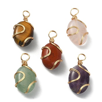 Natural Mixed Gemstone Copper Wire Wrapped Pendants, Oval Charms, Golden, 19~20x10~10.5x6~6.5mm, Hole: 3.5mm