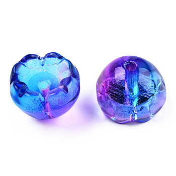 Transparent Spray Painted Glass Beads, Two Tone, Flower, Blue, 9x13x13mm, Hole: 1.6mm