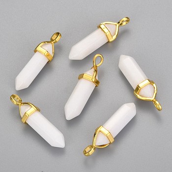 Natural White Jade Bullet Double Terminated Pointed Pendants, with Golden Tone Random Alloy Pendant Hexagon Bead Cap Bails, 37~40x12.5x10mm, Hole: 3x4.5mm