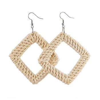 Handmade Reed Cane/Rattan Woven Dangle Earrings, with Brass Earring Hooks and Iron Finding, Rhombus, Platinum, 84~84.5mm, Pin: 0.6mm