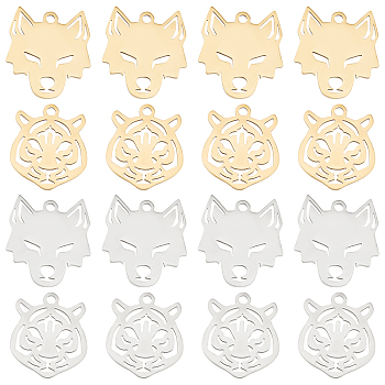 DICOSMETIC 16PPcs 4 Style 201 Stainless Steel Pendants, Laser Cut, Wolf Head &, Golden & Stainless Steel Color, 15~16x13~15x1mm, Hole: 1.4mm, 4pcs/style
