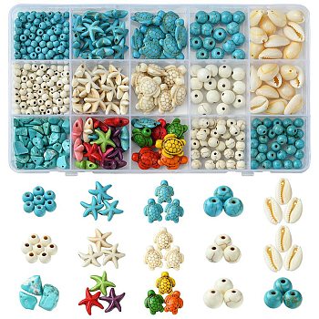 DIY Synthetic Turquoise & Natural Cowrie Shell Beads Jewelry Making Finding Kits, Mixed Color, 4~18x4~15x4~9mm, Hole: 0.8~2mm