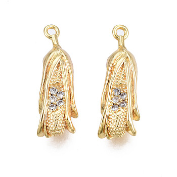 Brass Micro Pave Cubic Zirconia Pendants, Real 18K Gold Plated, Corn, Clear, 21.5x7x6mm, Hole: 1.4mm