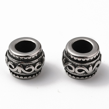 304 Stainless Steel European Beads, Large Hole Beads, Rondelle, Antique Silver, 12x9.5mm, Hole: 6mm