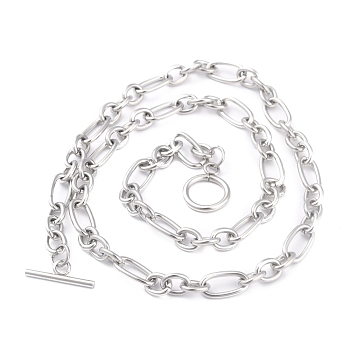 304 Stainless Steel Figaro Chain Necklaces, with Toggle Clasps, Stainless Steel Color, 20.59 inch(52.3cm)