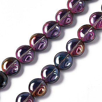 Electroplate Glass Beads Strands, Full Rainbow Plated, Flat Round, Purple, 12~12.5x6.5mm, Hole: 1mm, about 50pcs/strand, 23.62 inch(60cm)