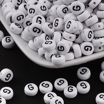 Acrylic Beads, with Horizontal Hole, Letter, Flat Round, Letter.G, 7x4mm, Hole: 1mm, about 3500pcs/500g