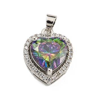 Rack Plating Brass Micro Pave Cubic Zirconia Pendants, Heart, Colorful, 16.5x13.5x7mm, Hole: 4x3.5mm