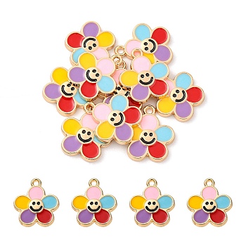 Alloy Enamel Pendants, Golden, Flower with Smiling Face Charm, Colorful, 15.5x14x2mm, Hole: 1.4mm