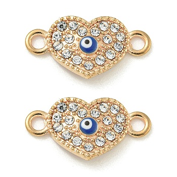 Alloy Blue Enamel Connector Charms, Crystal Rhinestone Evil Eye Links, Golden, Heart, 13.5x19.5x2.5mm, Hole: 1.8mm