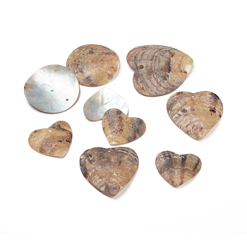 Natural Akoya Shell Pendants, Mother of Pearl Shell Pendants, Flat Round & Heart, 26.5~46.5x30.5~45x2~3mm, Hole: 1.5~3mm
