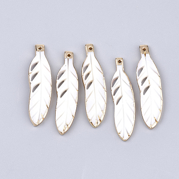 Electroplate Freshwater Shell Pendants, Feather, Light Gold, 38~39x9.5~10x2mm, Hole: 1.2mm