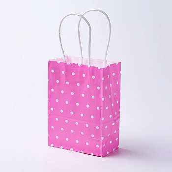 kraft Paper Bags, with Handles, Gift Bags, Shopping Bags, Rectangle, Polka Dot Pattern, Deep Pink, 21x15x8cm
