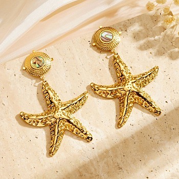 304 Stainless Steel & Shell Stud Earrings for Women, Starfish, Golden, 73x46.5mm