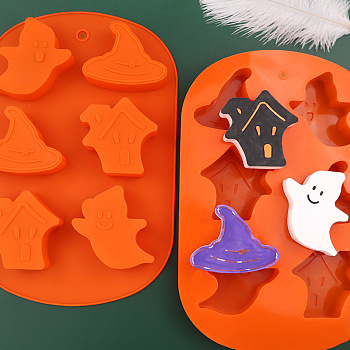 Halloween Theme Ghost/House/Witch Hat Cake Decoration Food Grade Silicone Molds, Fondant Molds, for Chocolate, Candy, UV Resin & Epoxy Resin Craft Making, Dark Orange, 258x177x27mm, Inner Diameter: 53~66x63~70mm