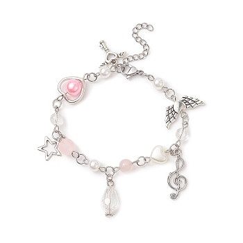 Star & Heart & Music Note Alloy Charm Bracelet, Acrylic & ABS Plastic Imitation Pearl Beaded Bracelet for Women, Pink, 7 inch(17.8cm)
