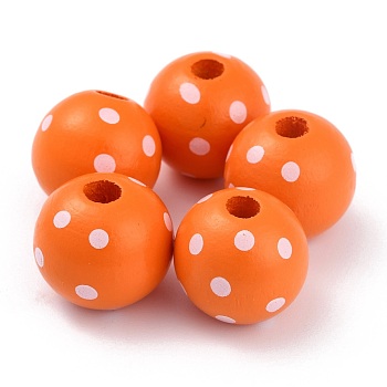 Dyed Natural Wooden Beads, Macrame Beads Large Hole, Round with Polka Dot, Orange Red, 16x15mm, Hole: 4mm