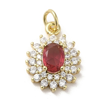 Brass Micro Pave Cubic Zirconia Pendants, with Glass, with Jump Ring, Real 18K Gold Plated, Flower, Indian Red, 17x12.5x5mm, Hole: 3.2mm