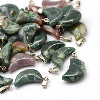 Moon Natural Indian Agate Pendants, with Platinum Tone Brass Findings, 21~24x12~14x5~6mm, Hole: 2x7mm