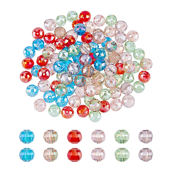 120Pcs 6 Colors Electroplate Transparent Glass Beads Strands, AB Color, Faceted, Round, Mixed Color, 9.5x9mm, Hole: 1.2mm, 20pcs/color