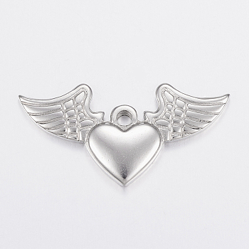 304 Stainless Steel Pendants, Heart and Wing, Stainless Steel Color, 20x40x3.5mm, Hole: 3mm
