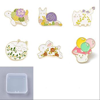 6Pcs 6 Style Tortoise & Snail & Cat & Mushroom Enamel Pins, Flower and Animal Alloy Badge for Backpack Clothes, Golden, Mixed Color, 20~26x20~30x9.5mm, 1pc/style