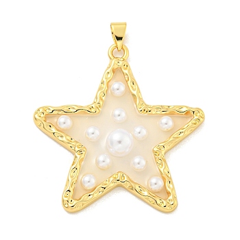 Rack Plating Brass & Epoxy Resin Pendants, Star Charms with Plastic Beads, Long-Lasting Plated, Lead Free & Cadmium Free, Real 18K Gold Plated, 40x37x6mm, Hole: 5x3mm