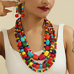 Wood Beaded Multilayer Necklaces & Dangle Earrings Sets, Colorful, 640~720mm(WG1A9CE-05)