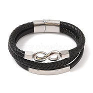 Braided Microfiber Leather Multi-strand Bracelets, 304 Stainless Steel Bracelets for Men, Stainless Steel Color, Infinity, 8-5/8x7/8 inch(22x2.2cm)(BJEW-B096-05D)