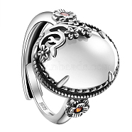 SHEGRACE 925 Sterling Silver Adjustable Rings, with Cat Eye, Oval with Flower, Antique Silver, White, Inner Diameter: 19mm(JR829G)