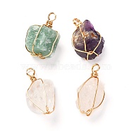 Natural Mixed Gemstone Pendants, with Real 18K Gold Plated Eco-Friendly Copper Wire, Nuggets, 23~28x15~17x14~17mm, Hole: 3~3.5mm(PALLOY-JF00911)