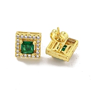Square Brass Micro Pave Clear Cubic Zirconia Stud Earrings, with Emerald Rhinestone for Women, Real 18K Gold Plated, 10x10mm(EJEW-G387-03G)