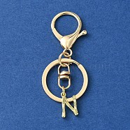 Alloy Initial Letter Charm Keychains, with Alloy Clasp, Golden, Letter N, 8.5cm(KEYC-YW00006-14)